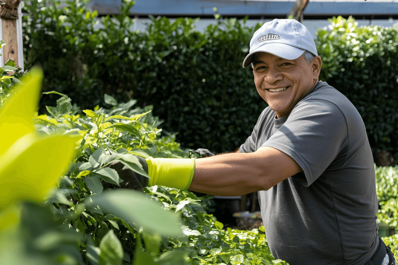 Smiling gardener handling garden vegetation while wearing gardening gloves.<br>