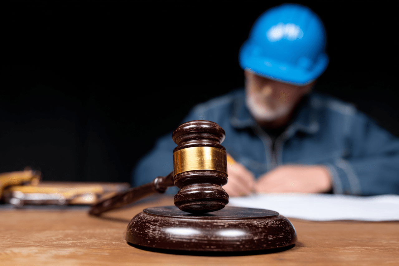 a notary and a construction man are signing paper in the notary office