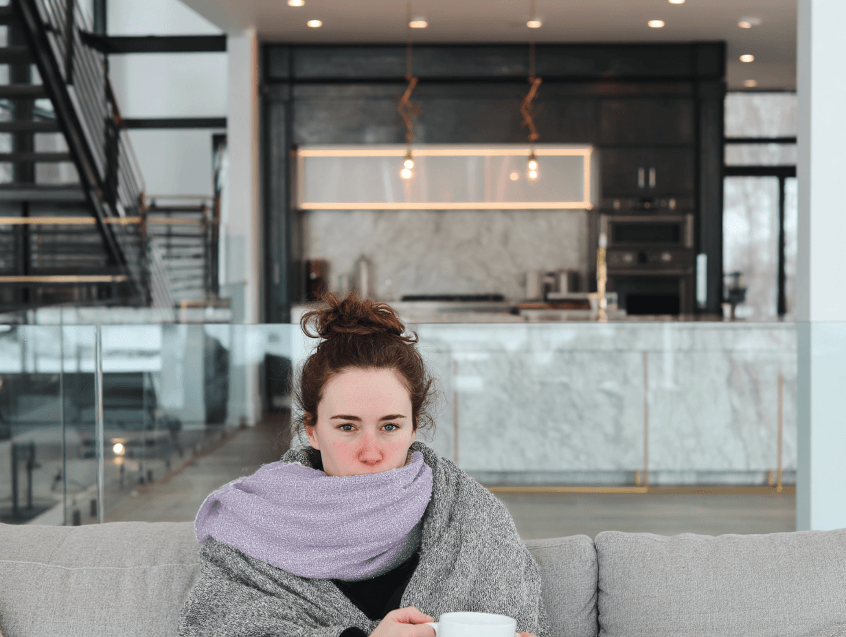 Woman wrapped in a blanket and scarf, holding a hot drink in a modern living room.