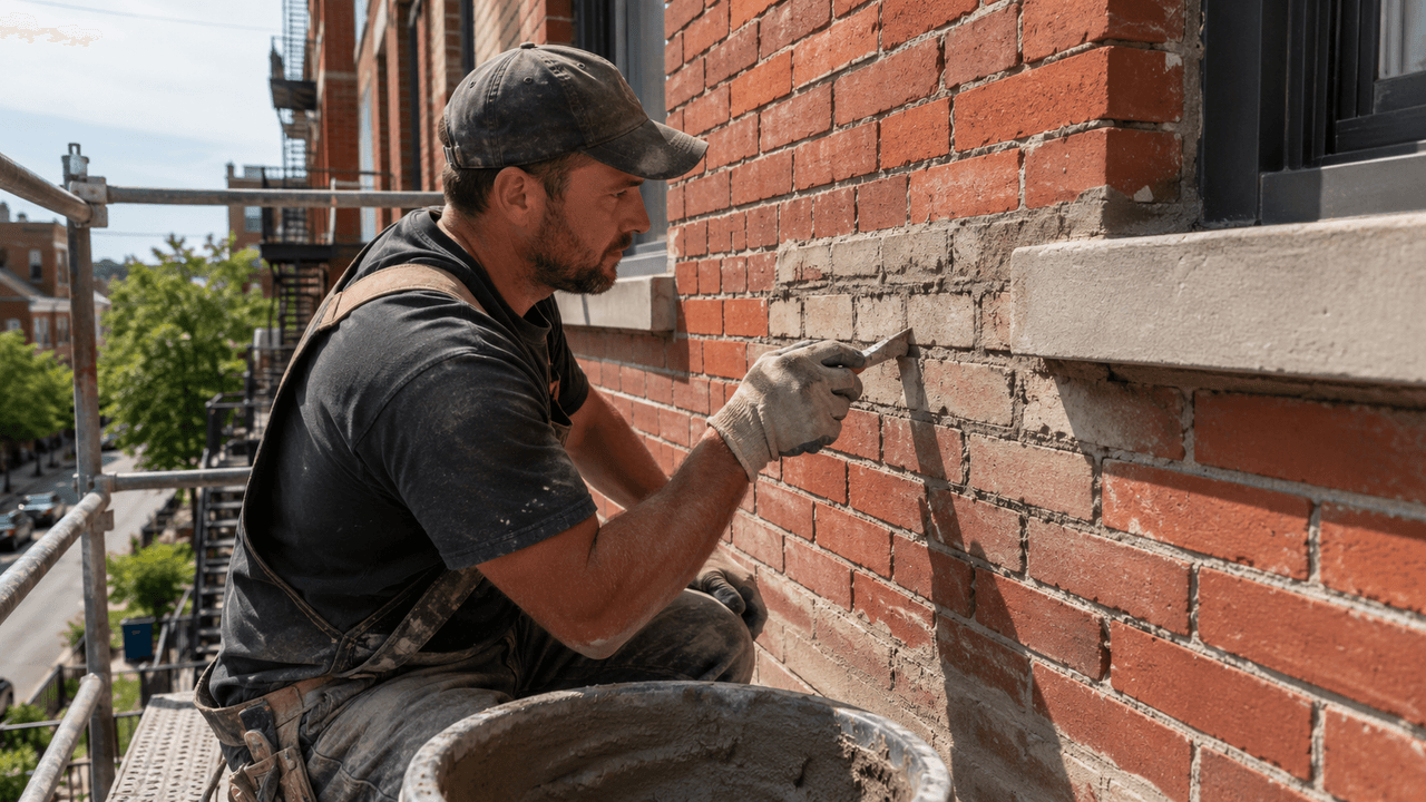 Mason repairing an exterior brick wall with mortar using a trowel from scaffolding on an urban residential building