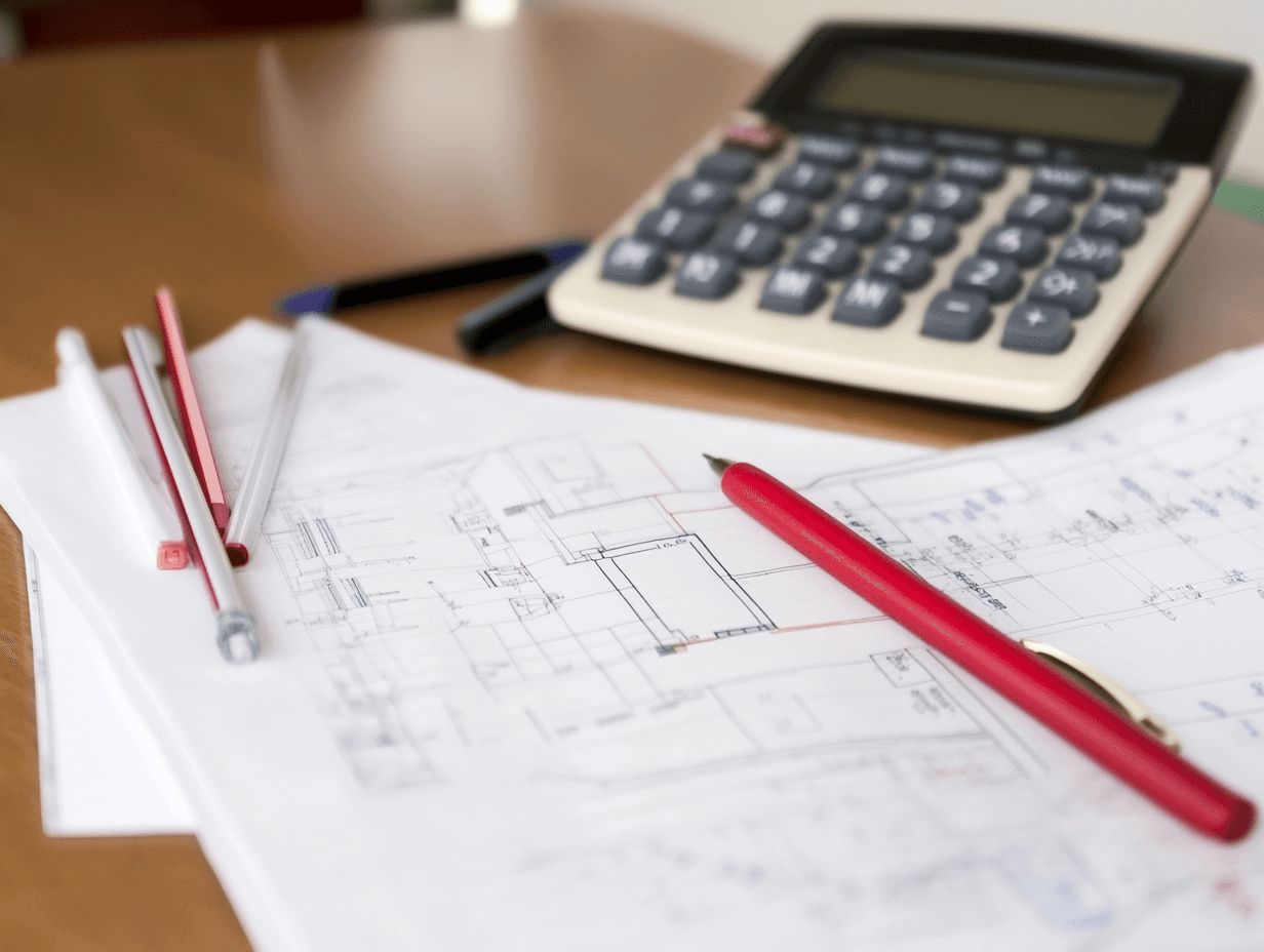 Detailed architectural blueprint with pens and a calculator on a wooden table.