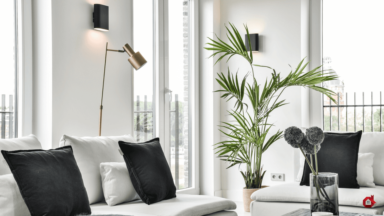 white and modern living room with wall light 