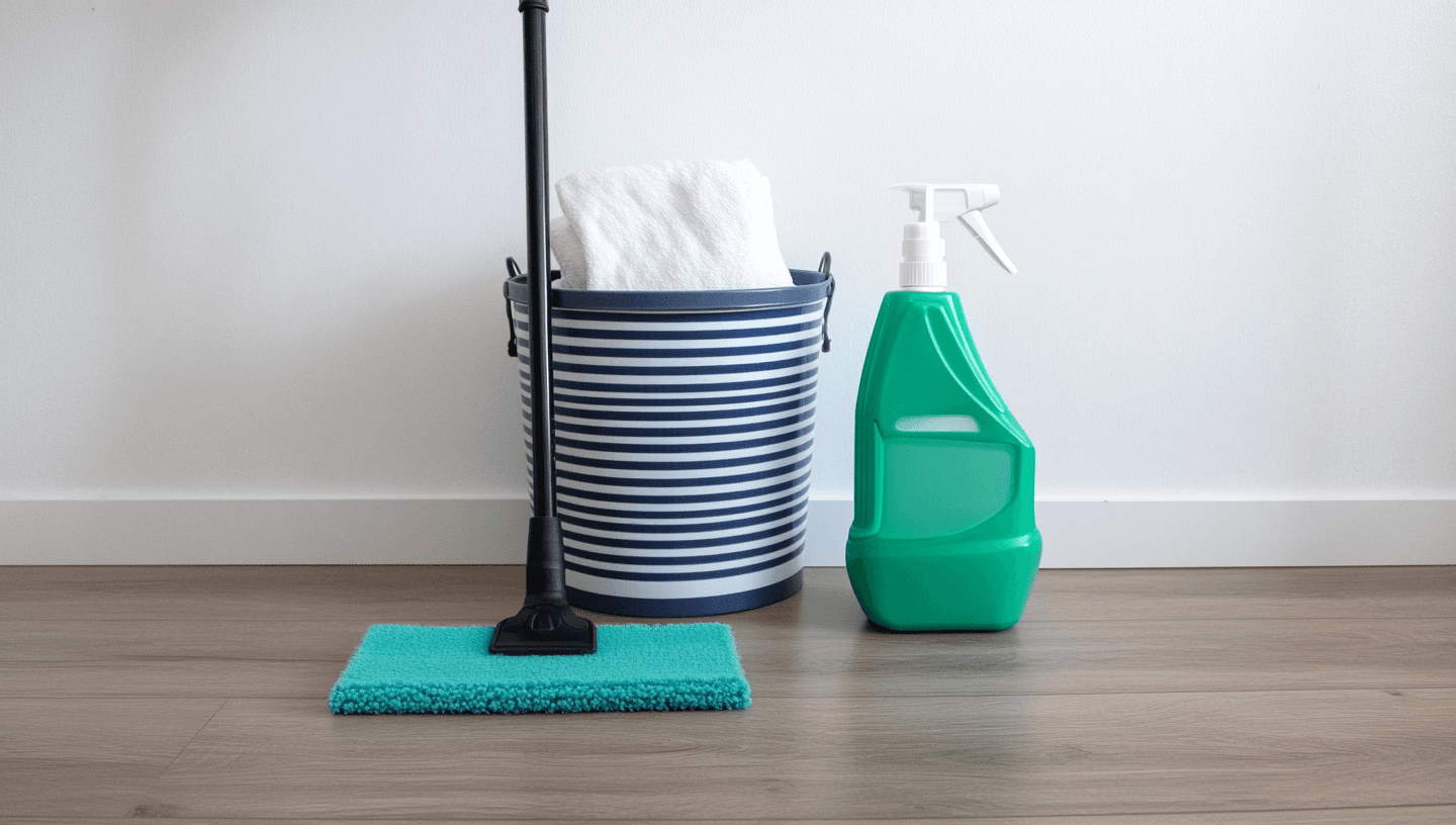 Cleaning supplies on wooden floor: turquoise pad mop, striped bucket with white towel, and green cleaning spray bottle.