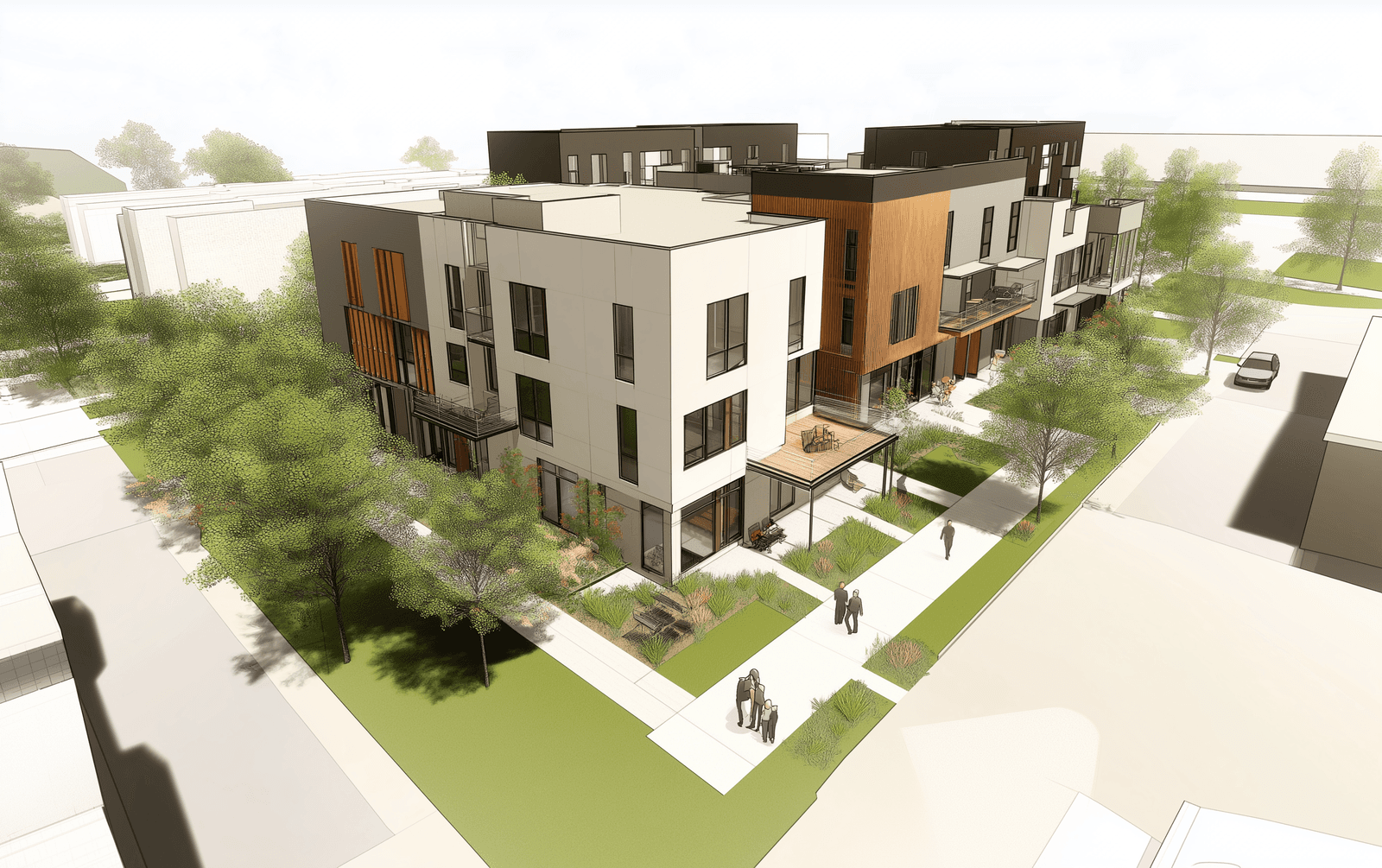 3D architectural rendering of modern townhouses with wood and white facades, landscaped green spaces, and pedestrian walkways.