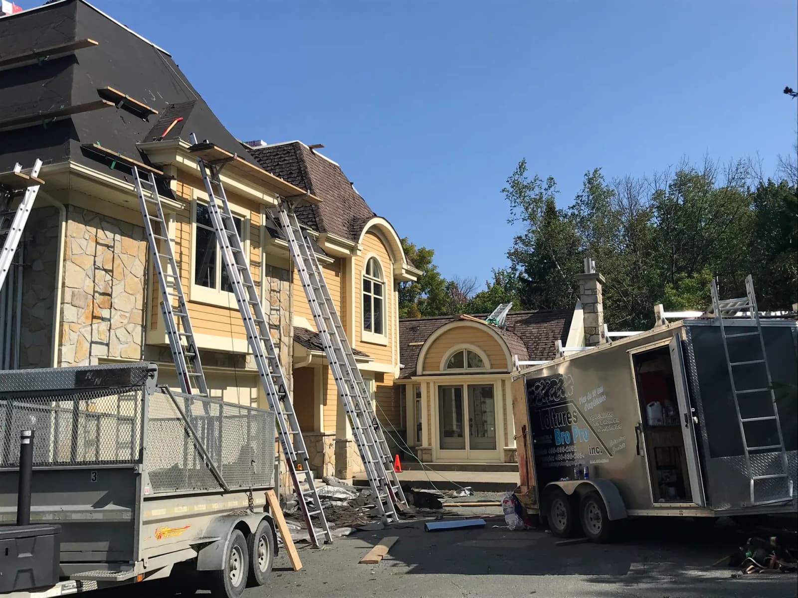 Modern wooden house with a metal roof, surrounded by tall trees and bathed in sunlight in a natural wooded setting.