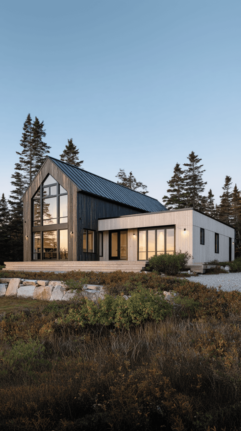 Modern wood house with large windows and metal roof, integrated into a natural landscape with landscaping.