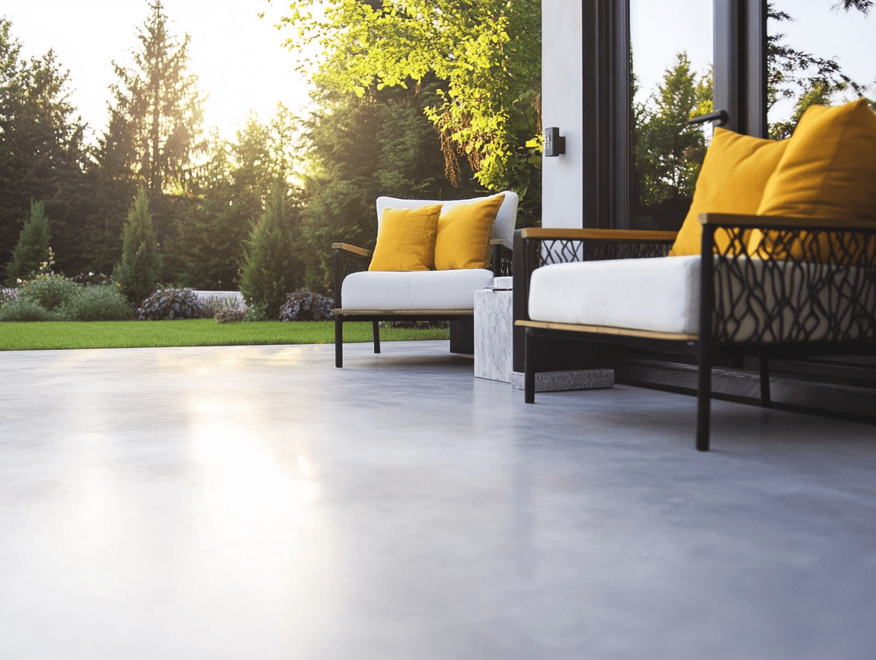 Elegant patio at sunset with modern outdoor furniture and yellow cushions facing a landscaped garden