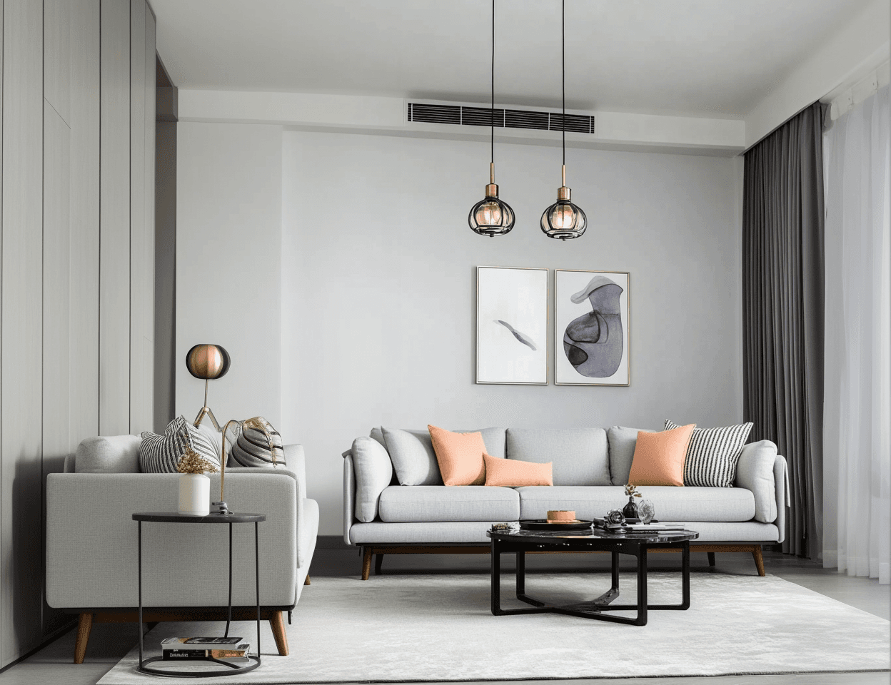  Stylish living room with grey sofa, contemporary decor, and ceiling ducted heat pump vent