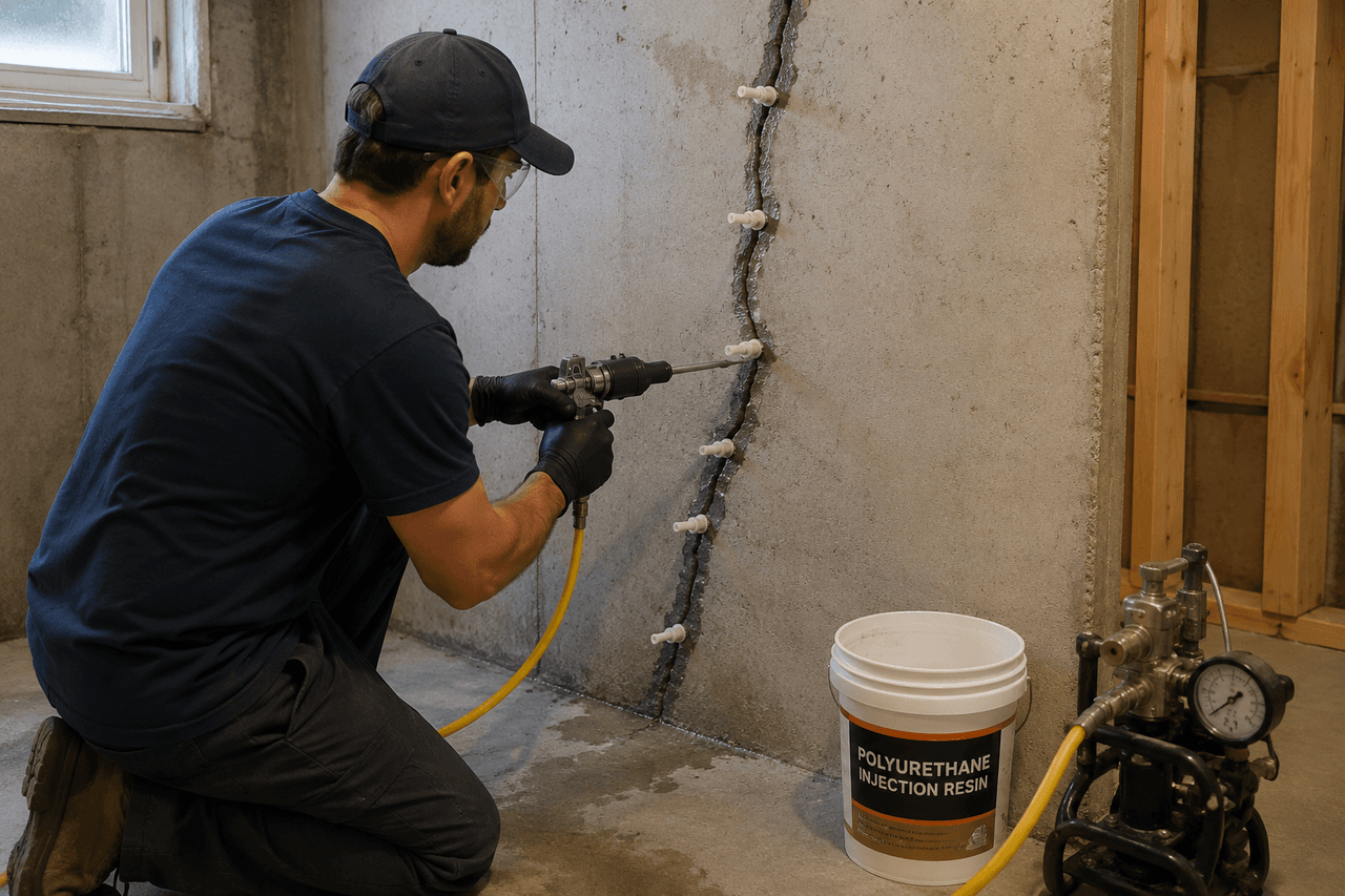 Repair of a crack in a concrete foundation wall using polyurethane resin injection through ports with pressurized equipment.