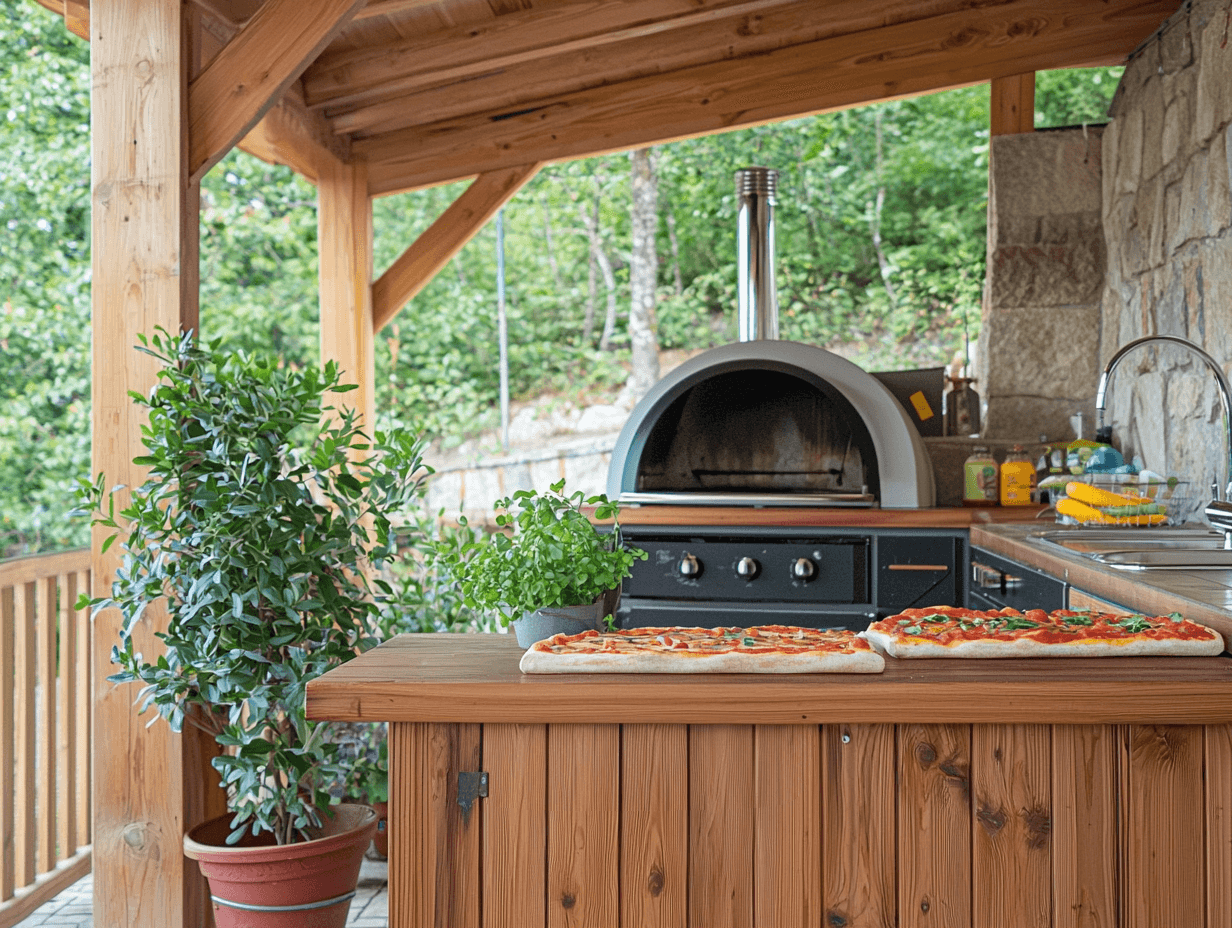 Wood outdoor kitchen with pizza oven, preparation counter and artisan pizzas under a pergola