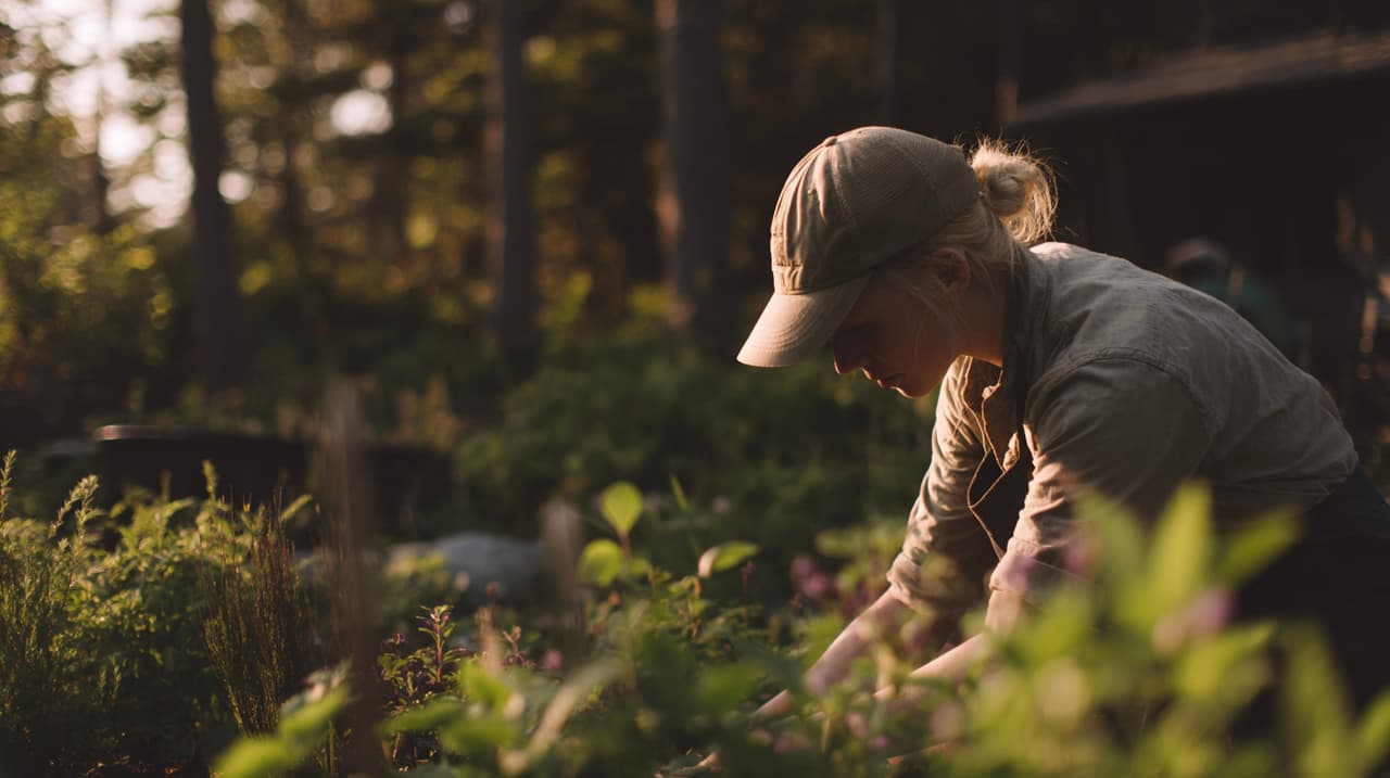 Gardener planting plants in a natural forest garden during sunset light.