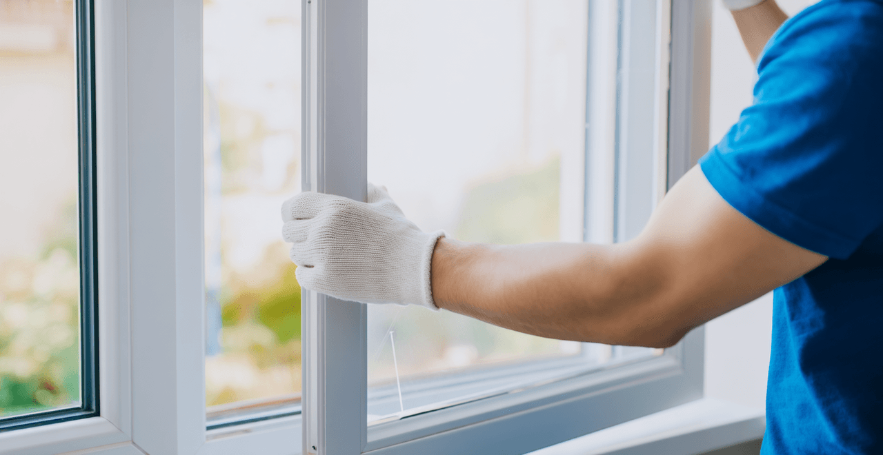  PVC window installation by a professional wearing protective gloves