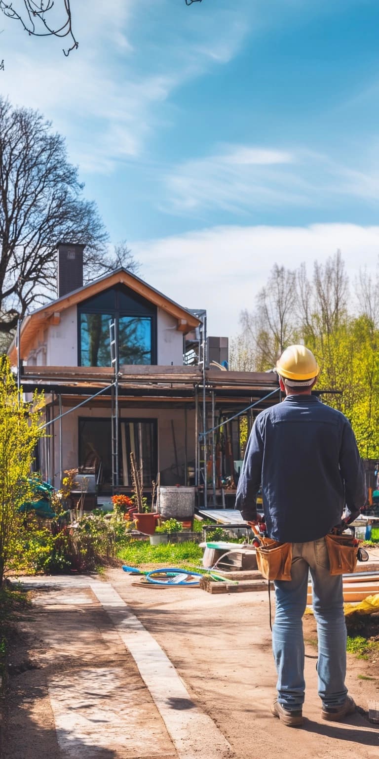 Construction worker observing the renovation of a house surrounded by scaffolding