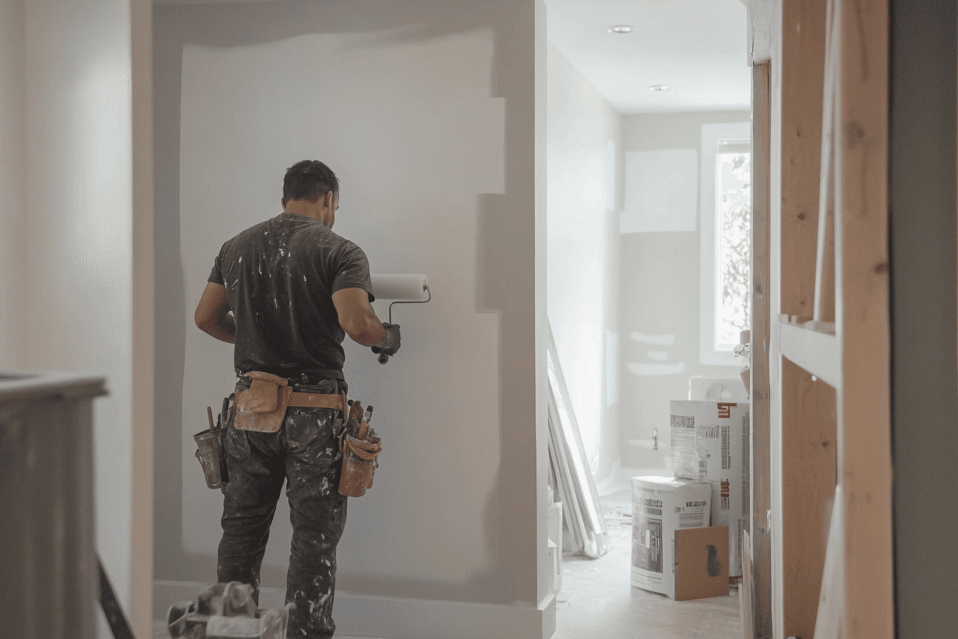 Construction worker painting a wall with a roller during a house renovation, wearing a tool belt.