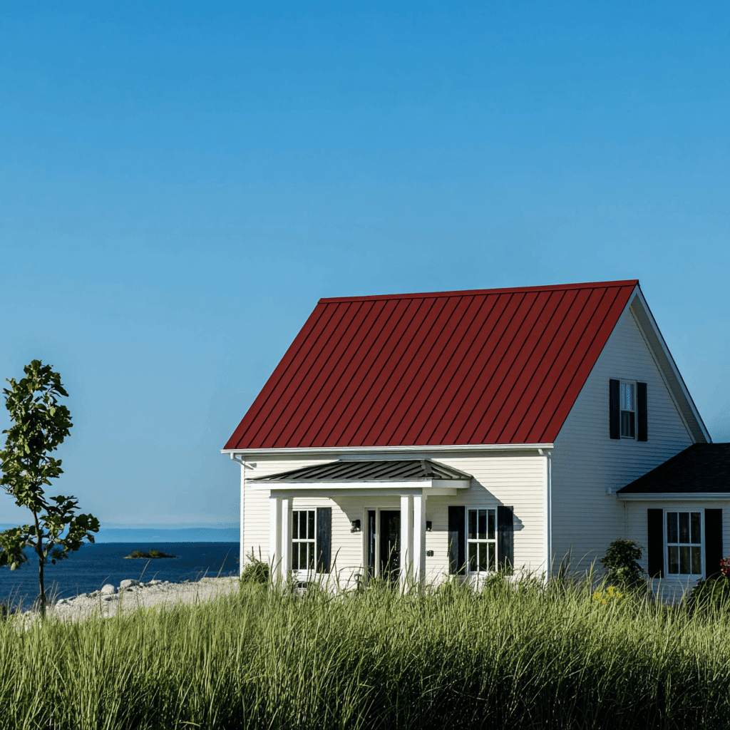 Seaside house with red metal roof and white exterior siding