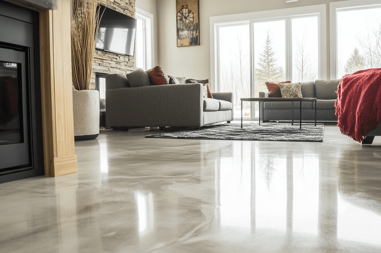 Contemporary living room with glossy epoxy floor, large windows, decorative stone wall, and modern grey furniture with red accents.