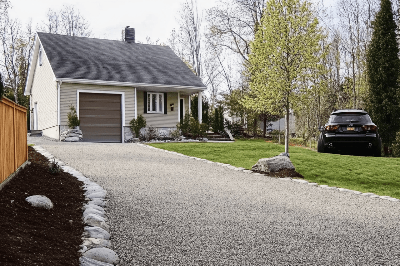 House with a white gravel driveway, stone borders, and landscaped yard with lawn and trees.