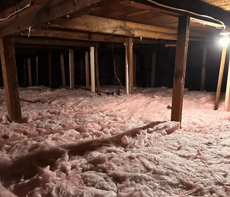 Pink fiberglass insulation installed in an attic with exposed wooden structure.