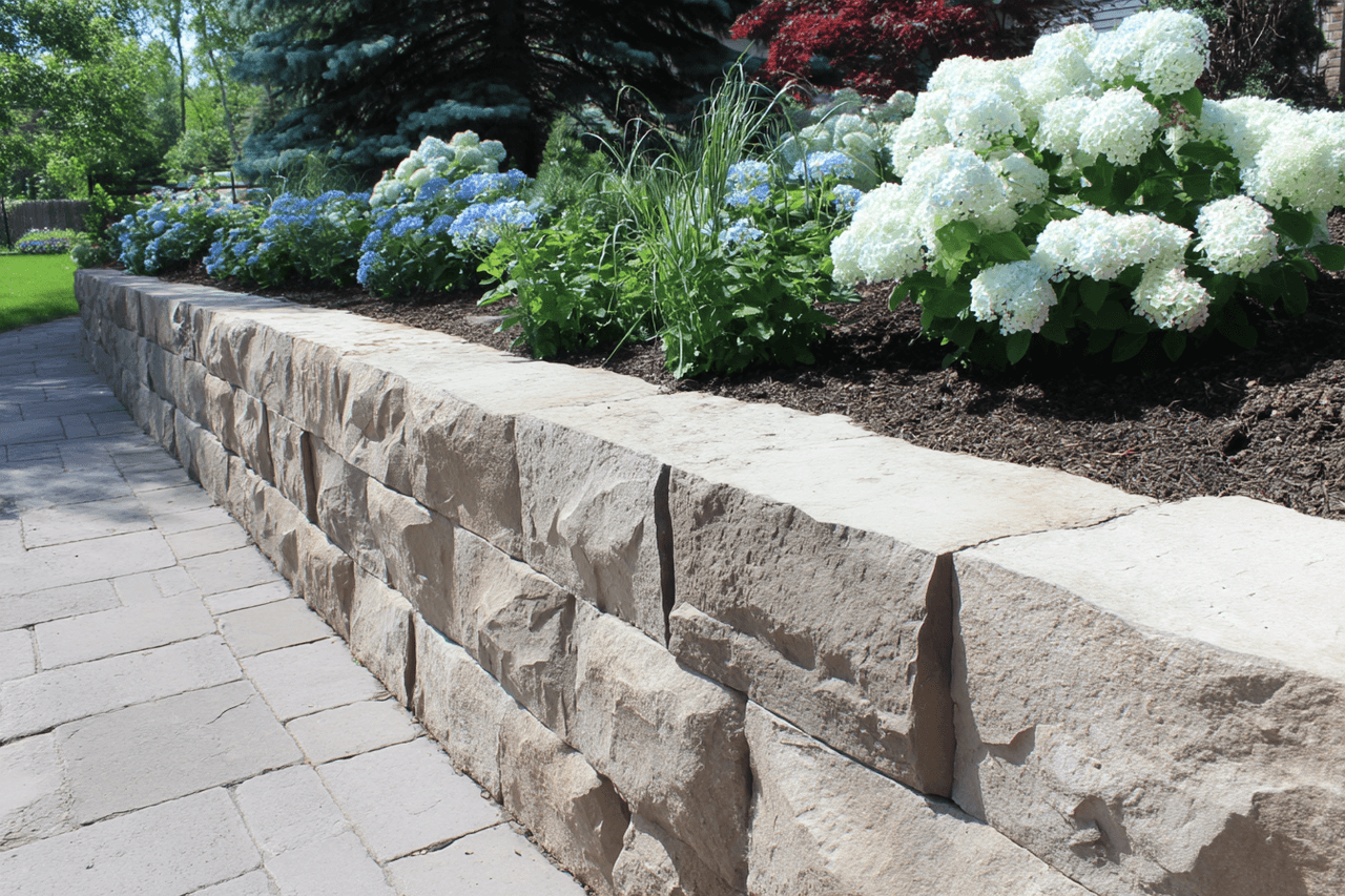 Natural stone retaining wall with flower bed and paved walkway