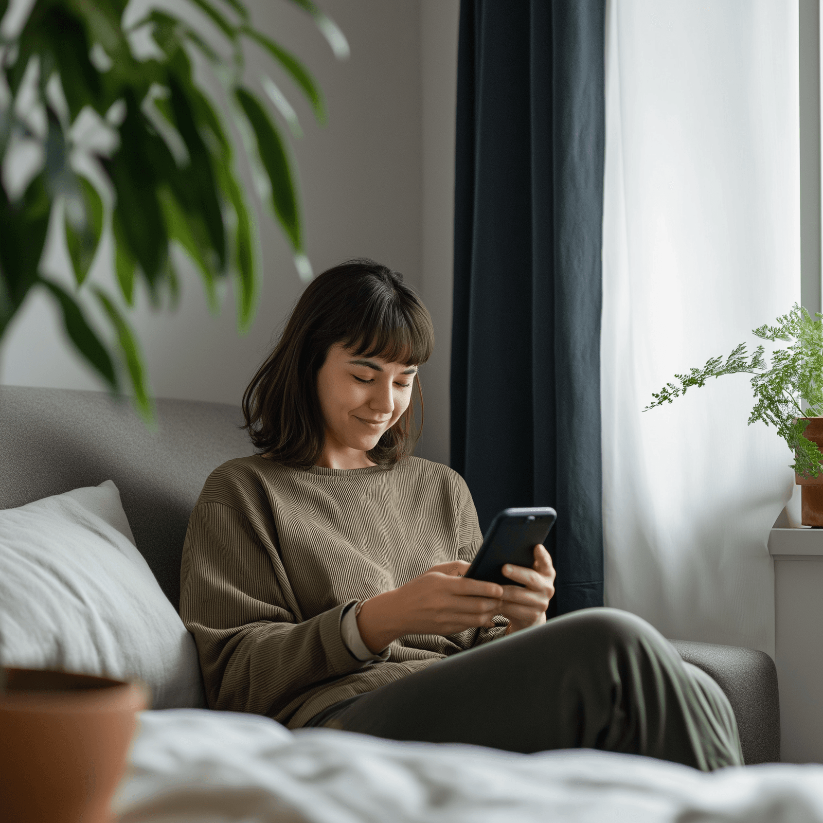 Smiling woman using a smartphone while sitting on a sofa in a bright interior with plants and a curtain.
