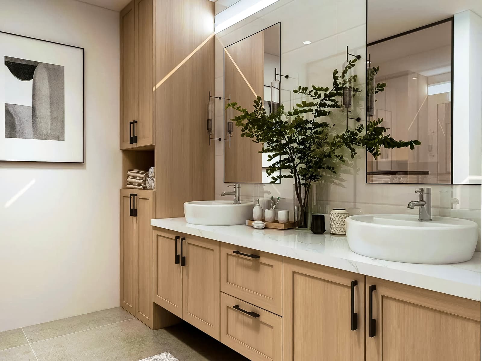 Modern bathroom with wooden vanity, double white vessel sinks, and marble countertop. Mirrors with integrated lighting, spacious storage, and elegant plant decor.