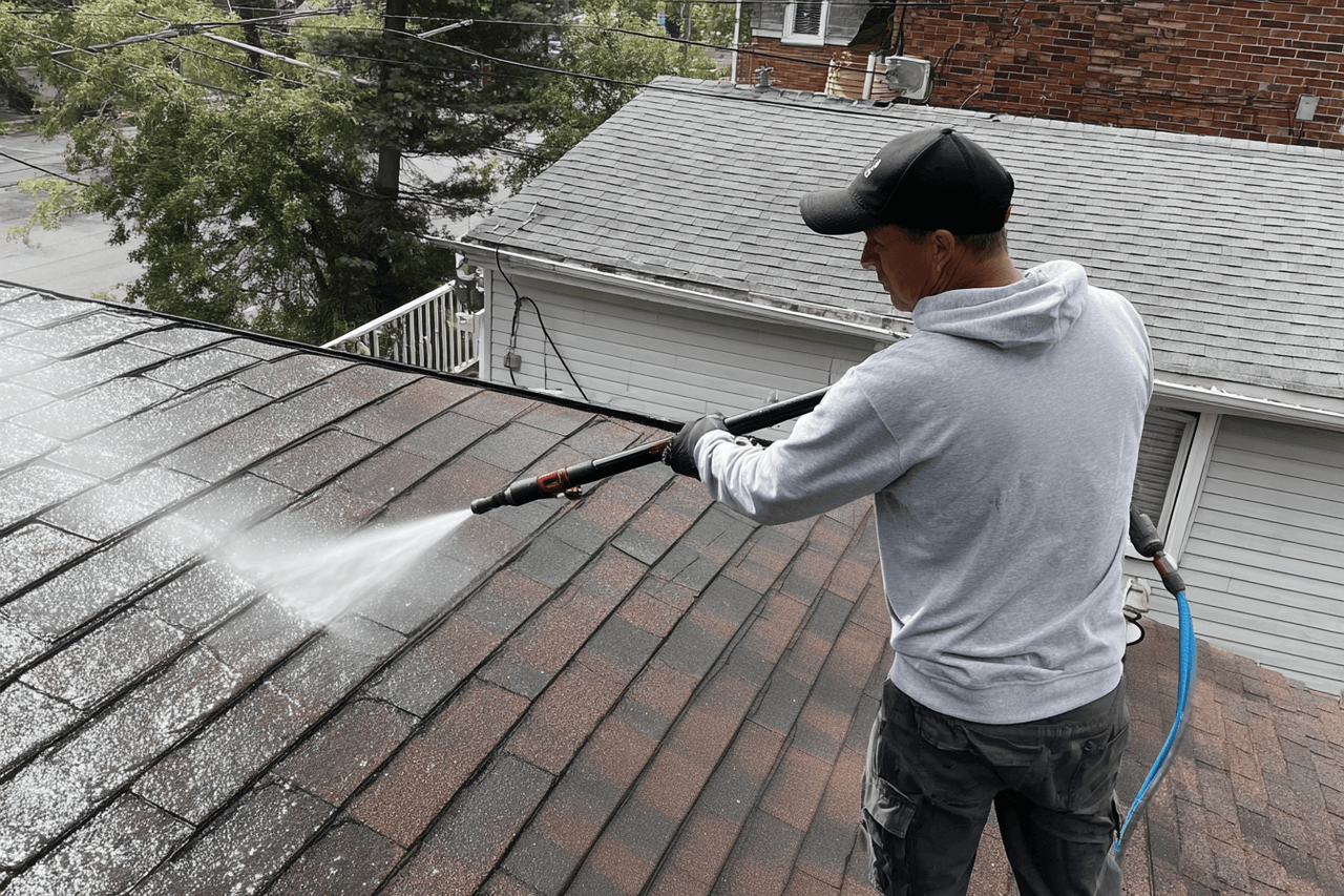 Man cleaning a shingle roof with a high-pressure water jet, residential roof maintenance