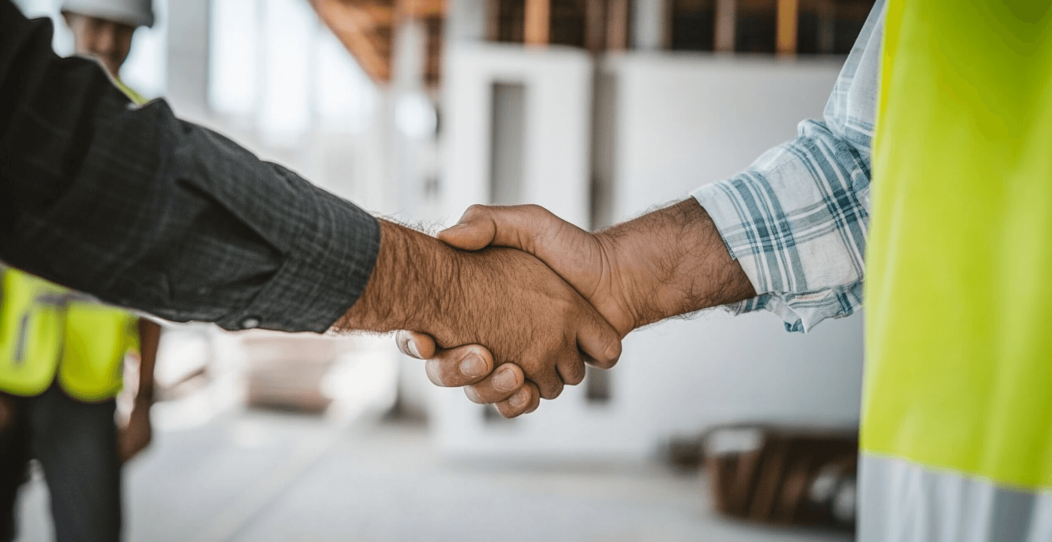 Handshake between two professionals on a construction site, symbolizing an agreement or partnership.