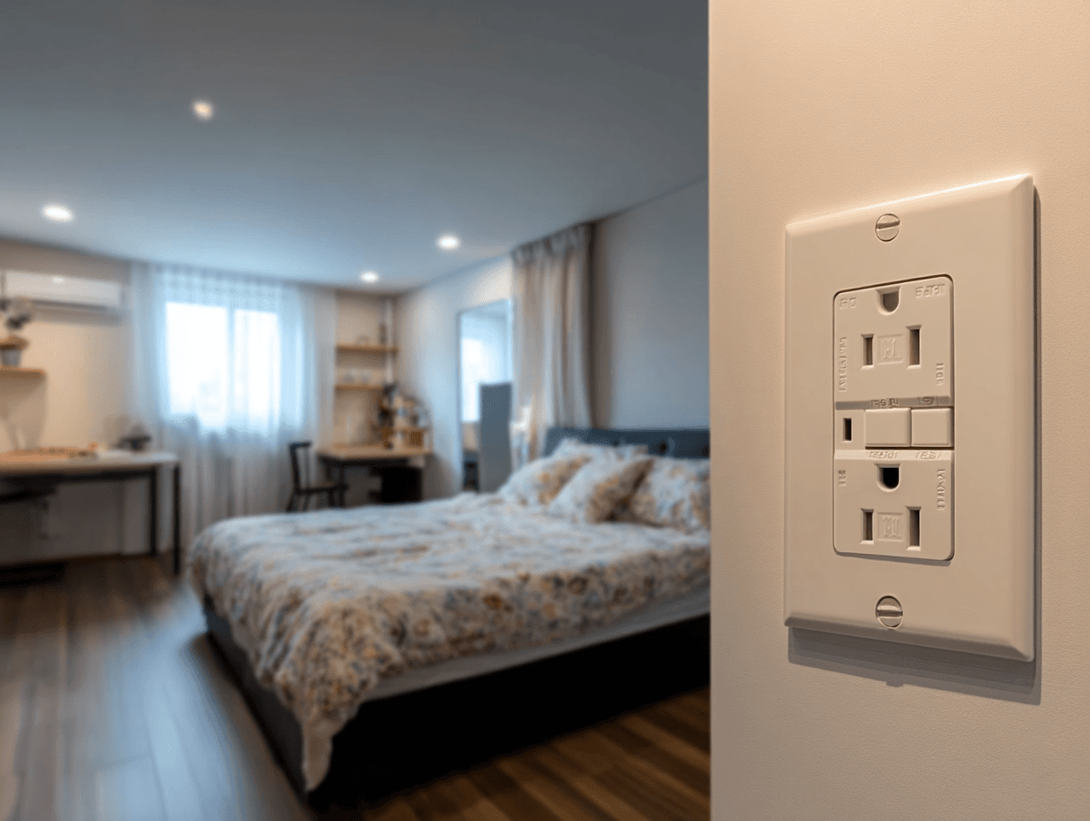 GFCI safety electrical outlet installed in a modern bedroom with recessed lighting and wooden flooring