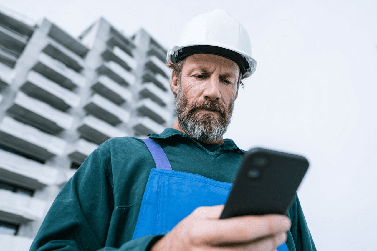 Construction worker wearing a safety helmet checking a smartphone in front of a building under construction