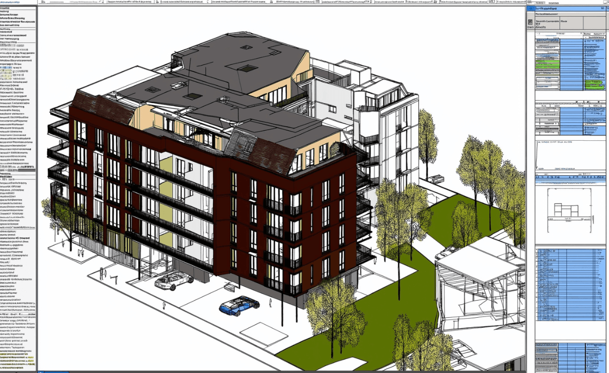 3D architectural modeling of a modern residential building with balconies, surrounding green spaces, and technical details displayed on the screen.
