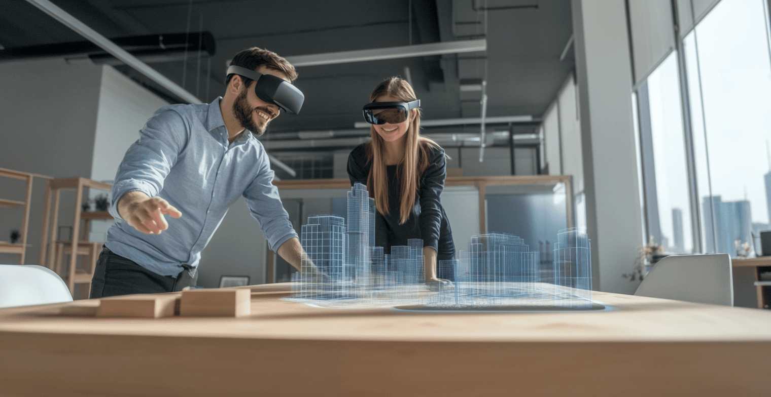 Architects using virtual reality to visualize digital models of urban buildings.