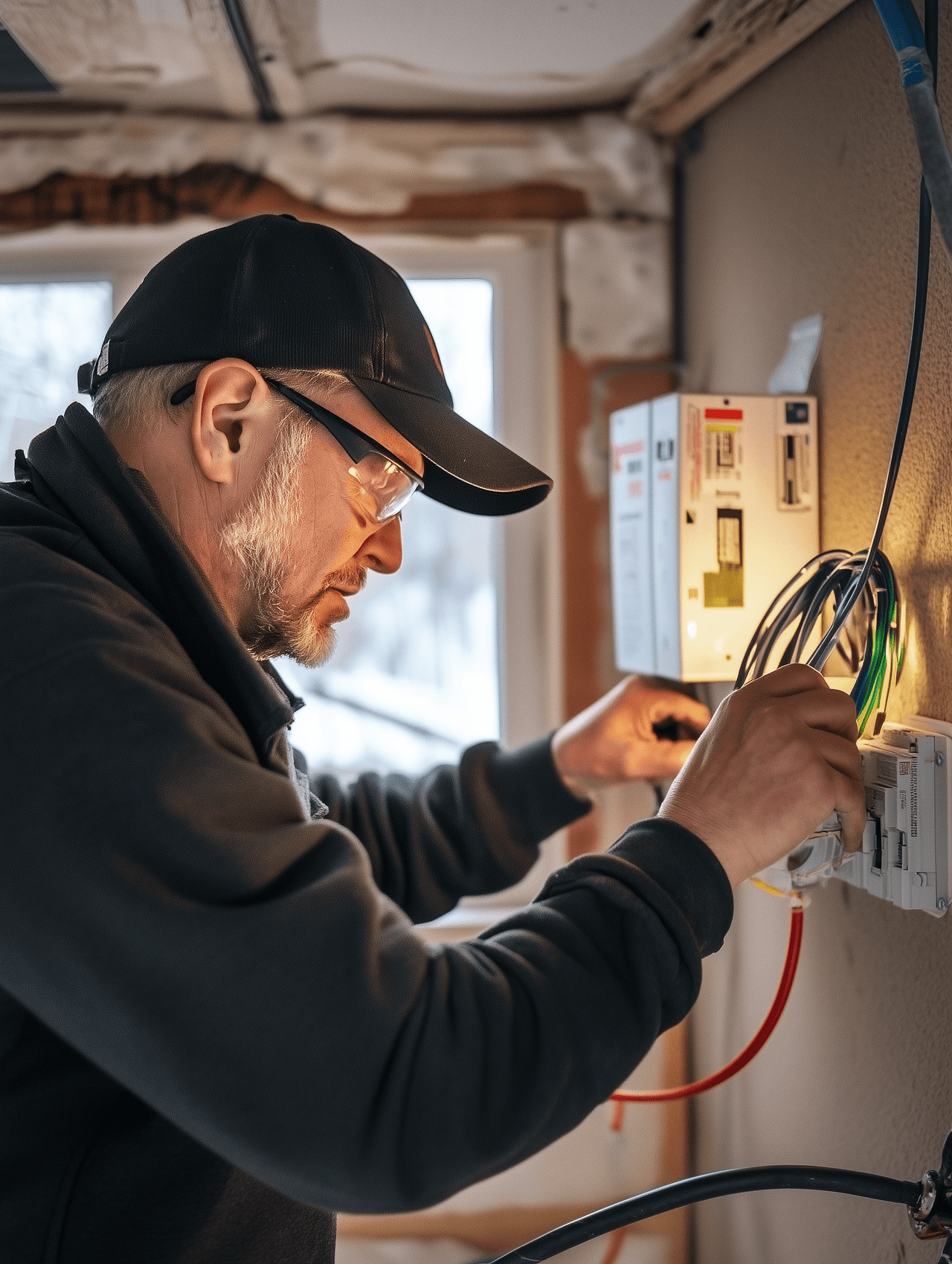  Electrician working on an indoor wiring panel with cables and diagnostic tools