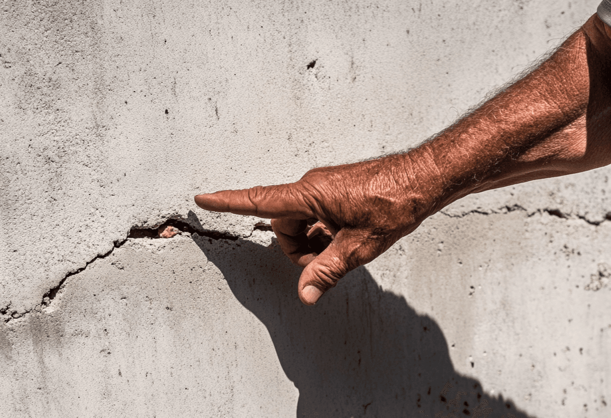  Hand pointing at a horizontal crack on a damaged concrete foundation
