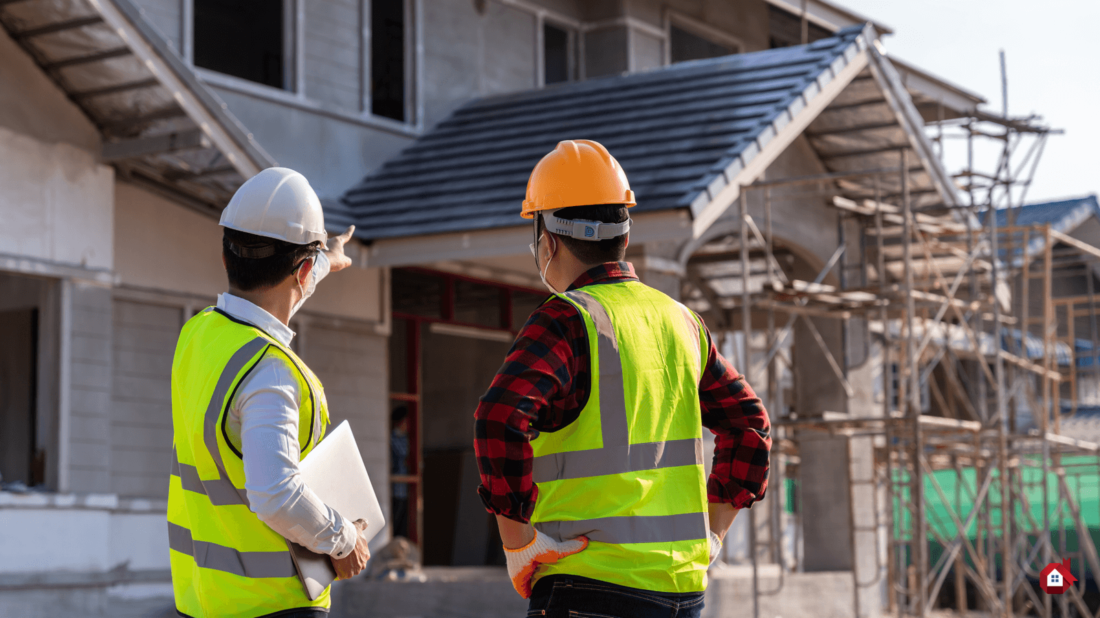 two people in front of a house under construction 
