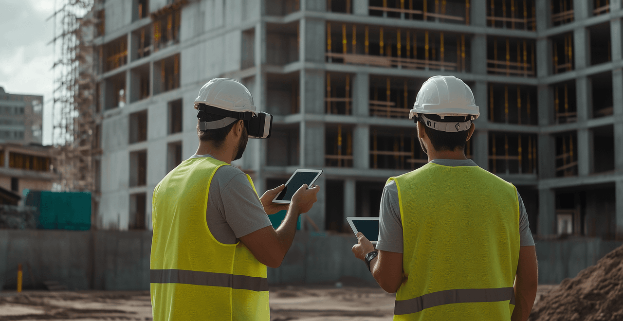 Construction engineers with safety helmets and digital tablets at a building construction site.