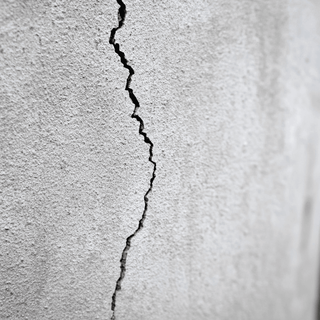 Deep crack on a concrete foundation, requiring inspection and structural repair