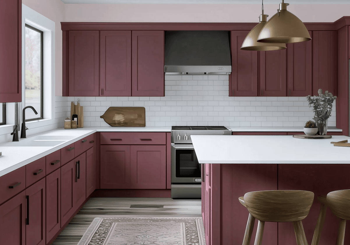 Modern kitchen with burgundy cabinets, white quartz countertops, white subway tile backsplash, spacious central island, and elegant gold pendant lights.