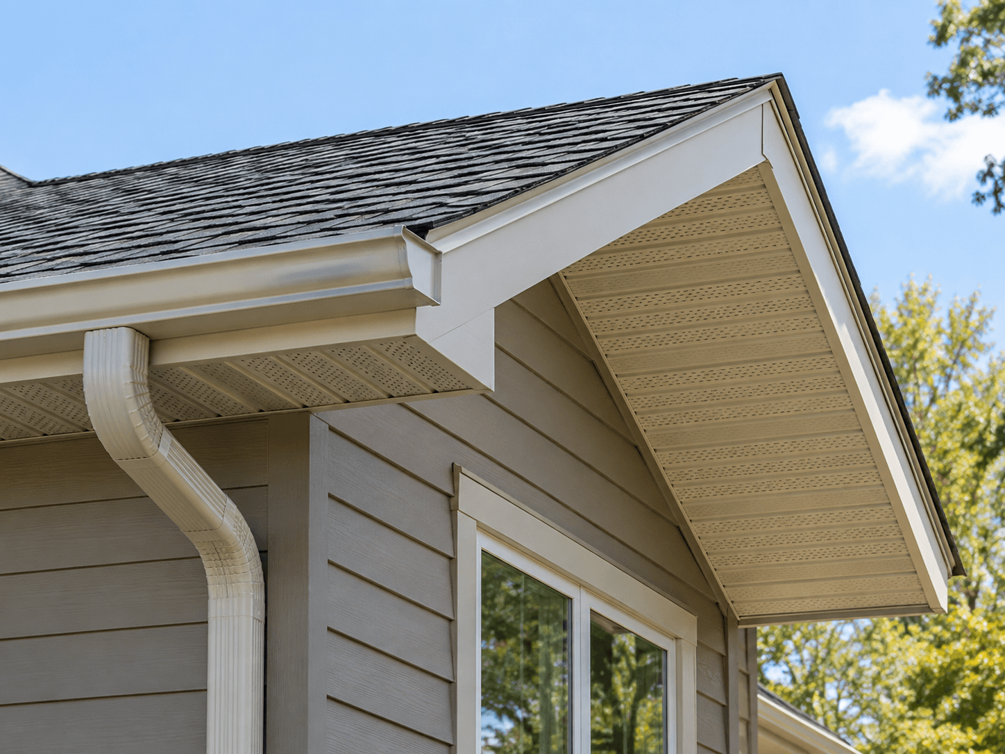 Residential home eaves detail with black roof shingles, white vented soffits, fascia, gutter and downspout over grey exterior siding