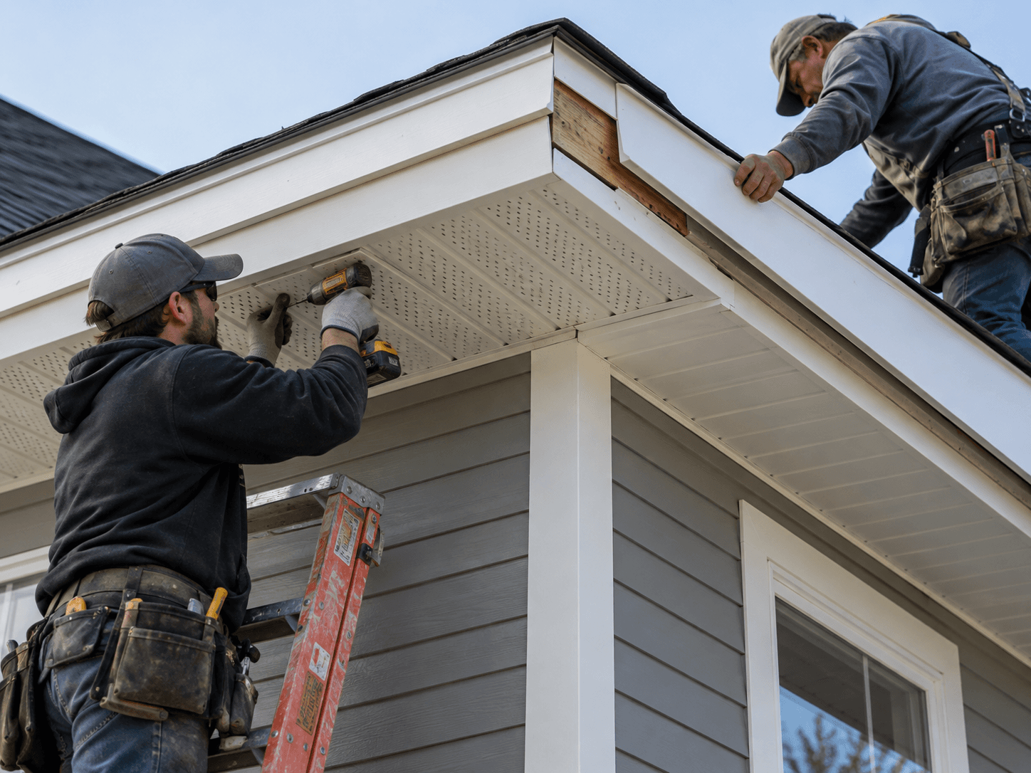 Two skilled construction workers installing white perforated soffits and fascia boards beneath the roof eaves of a modern house with grey exterior siding, using a power drill and ladder during exterior renovation and roof ventilation work