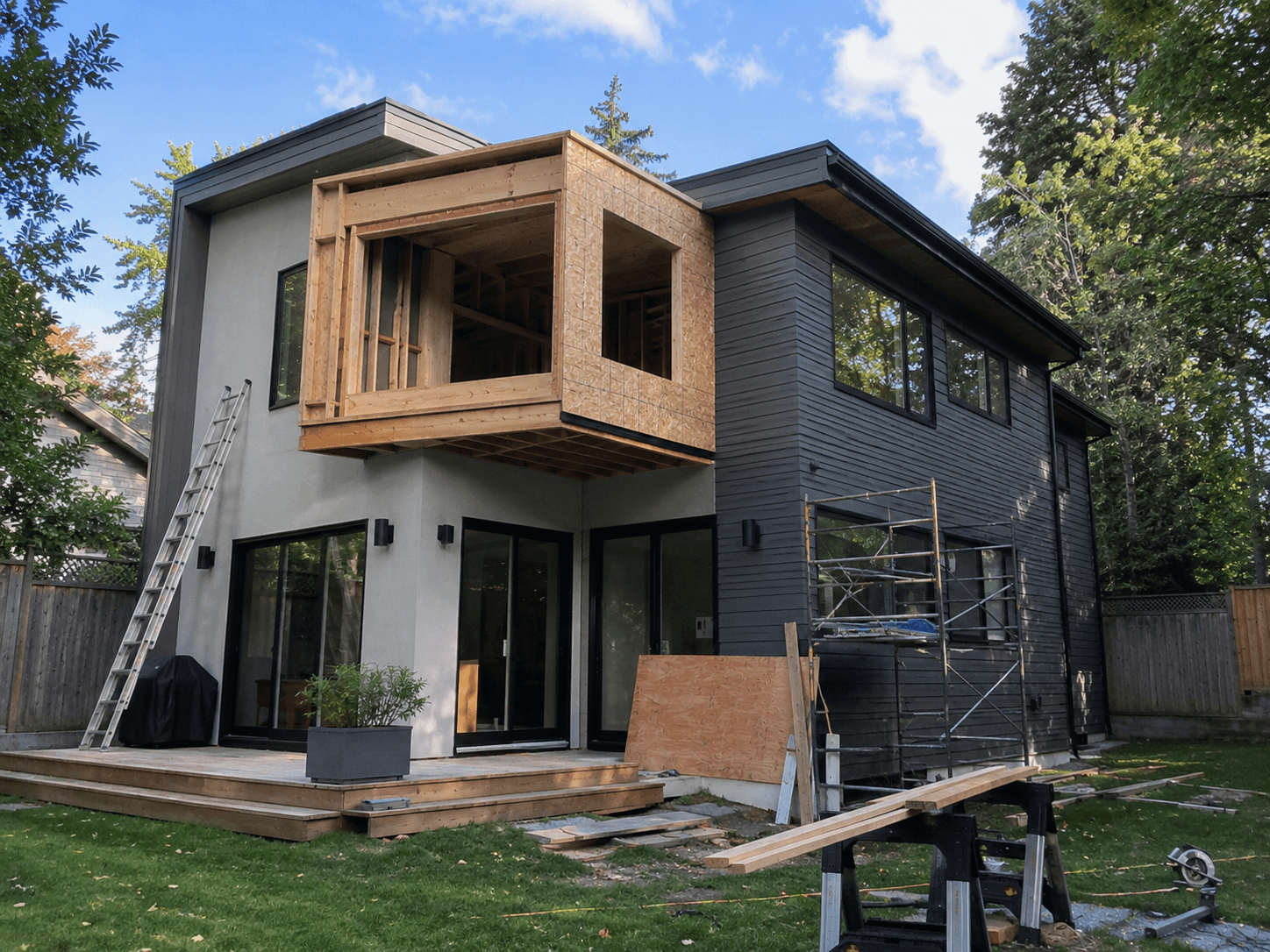 Modern cantilevered second-story home addition with exposed wood framing, structural sheathing, large openings, scaffolding, and a rear deck