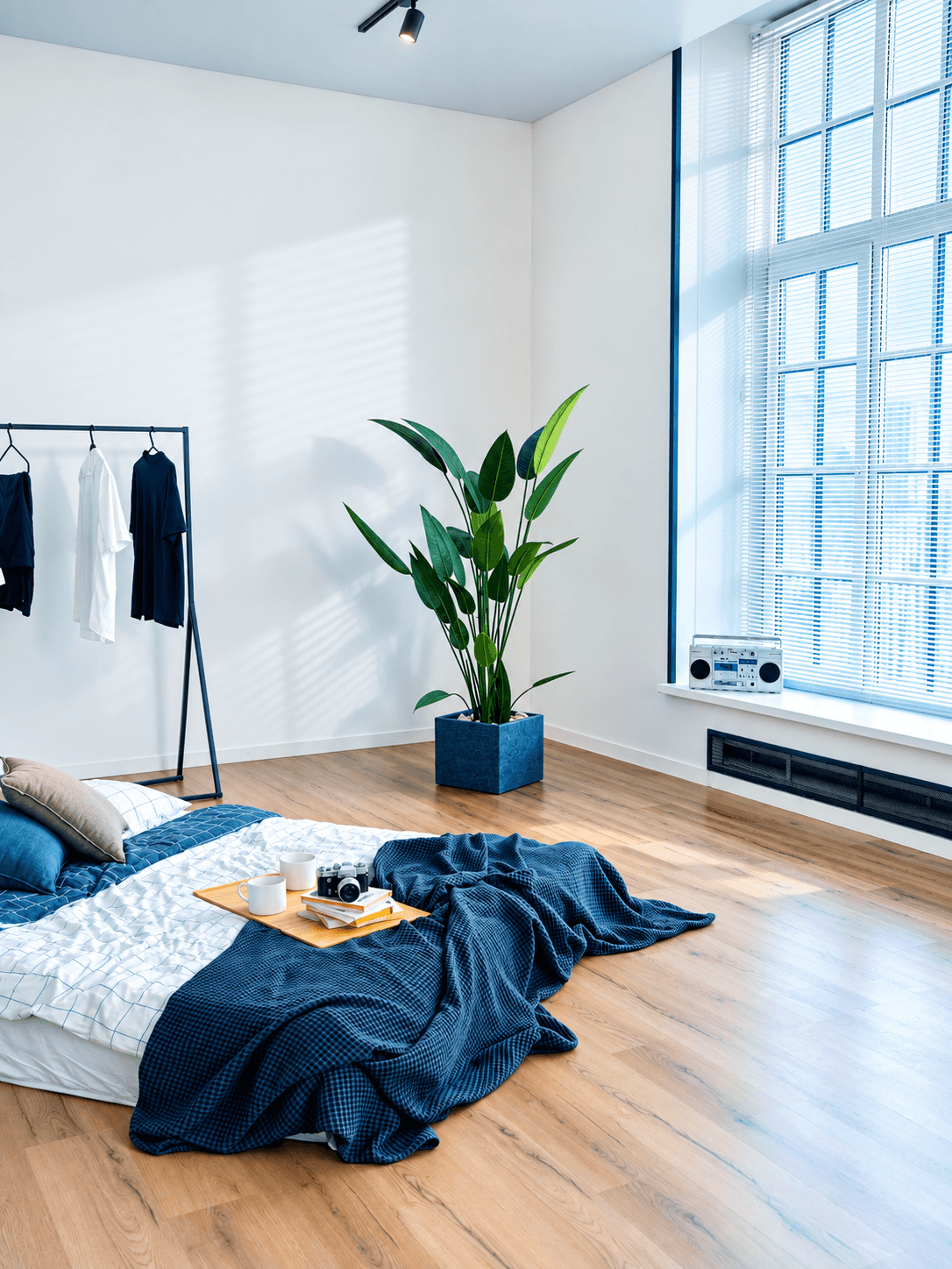 Bright minimalist bedroom with hardwood flooring, floor bed, green plant, clothing rack and large window with heating vent