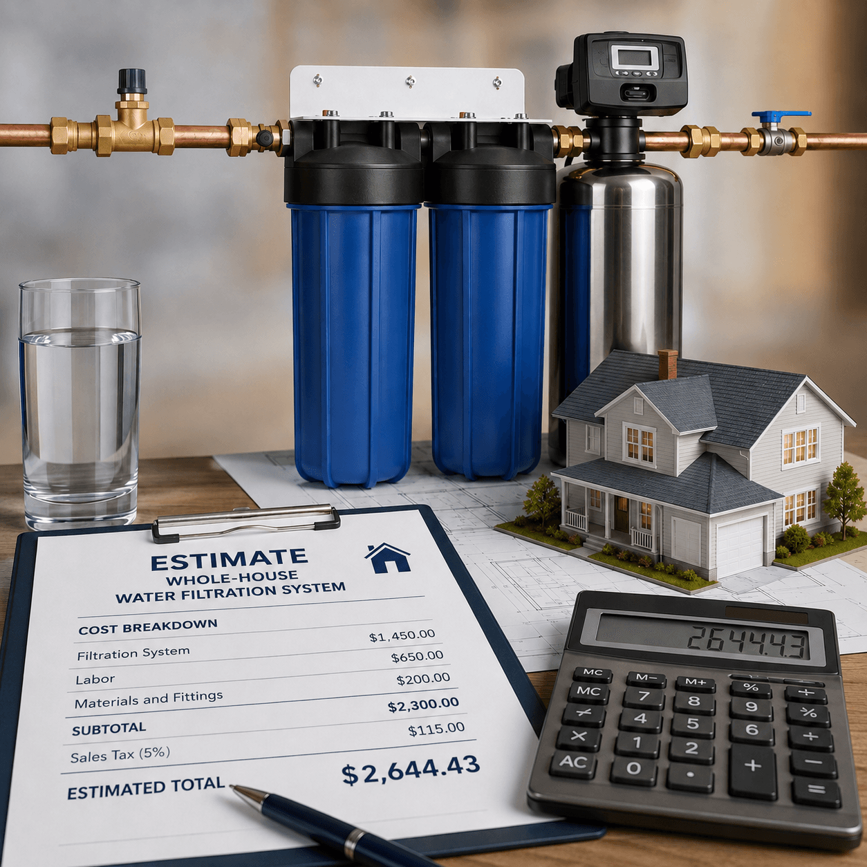 Residential water filtration system shown with copper piping, a glass of water, house model, cost estimate and calculator.