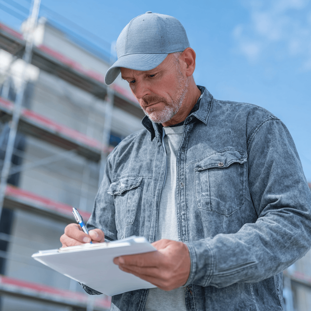 Construction professional taking notes on a form in front of a building with scaffolding during a site inspection or construction progress review