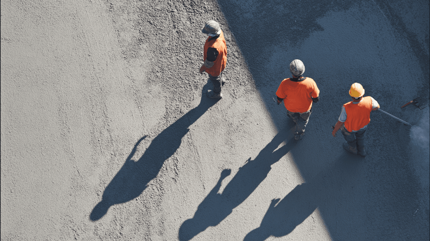 Three construction workers in safety gear standing on freshly poured concrete, seen from above with finishing tools and long shadows