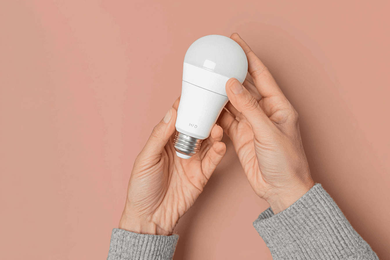 Hand holding a white LED light bulb against a pink background, featuring an essential component of residential electric lighting