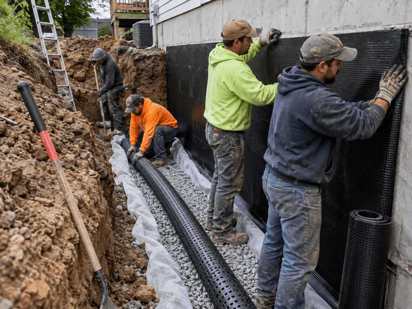 Workers installing a French drain and drainage membrane along a home foundation in a gravel-filled trench