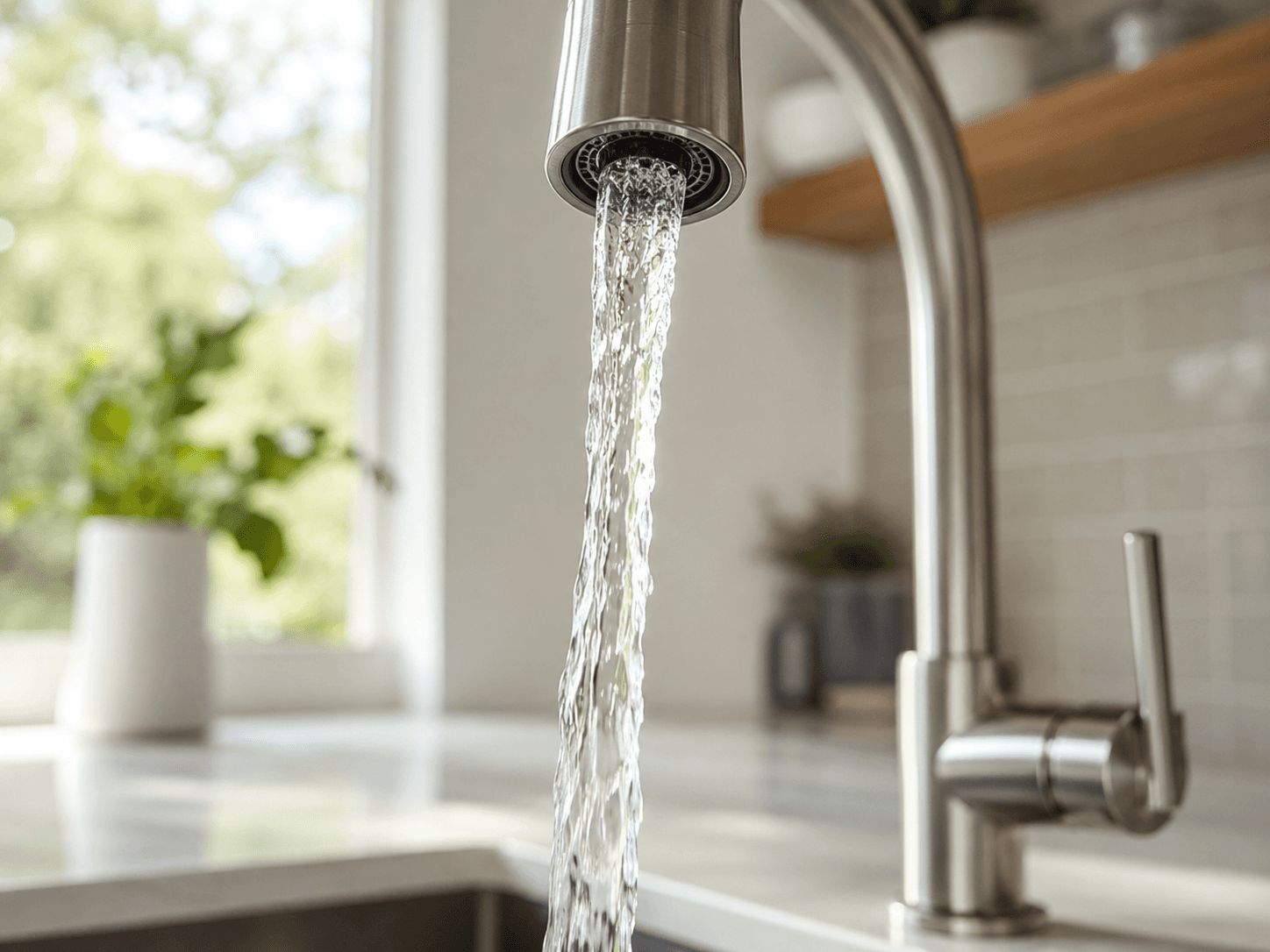 Modern stainless steel kitchen faucet running a clear stream of water into a residential sink.