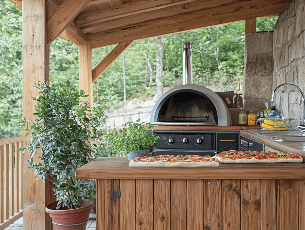 Covered wooden outdoor kitchen with a pizza oven, sink, countertops, built-in storage and prepared pizzas on the work surface.