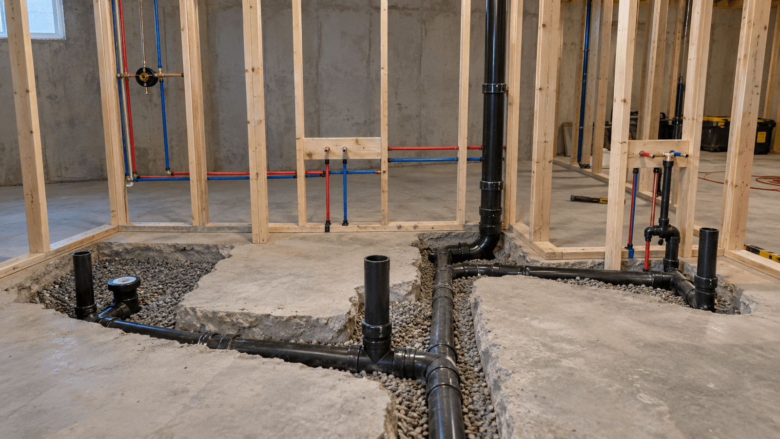 Rough-in plumbing installation in a basement renovation with black drain pipes embedded in the concrete slab, red and blue water supply lines, and exposed wood wall framing