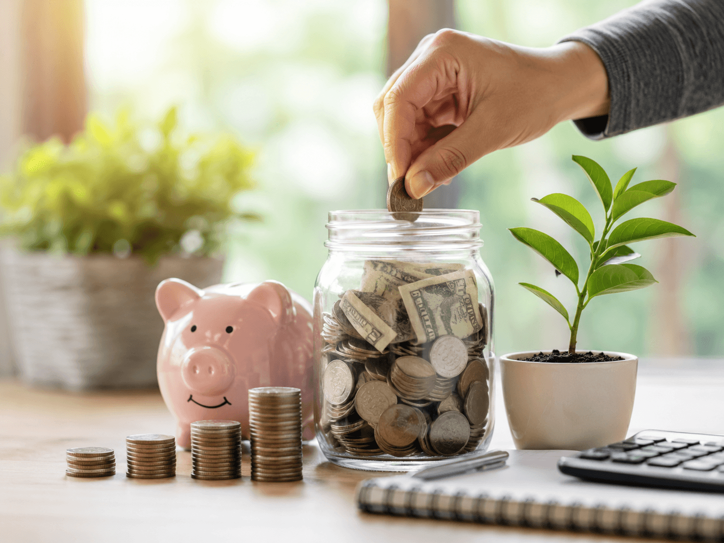 Hand placing a coin into a savings jar filled with cash and coins, beside a piggy bank, growing plant, stacked coins, calculator, and notebook symbolizing saving money and financial growth.